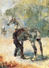 Тулуз-Лотрек Артиллерист, седлающий лошадь.